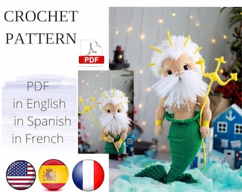 Sea King Amigurumi Crochet Pattern, Mermaid Doll (PDF English French Spanish)