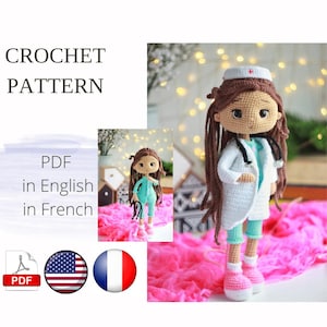 Molde de crochê para boneca médica em amigurumi em PDF (inglês/francês)