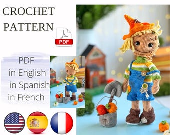 Scarecrow doll crochet pattern amigurumi PDF (English/French/Spanish)