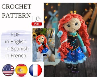 May include: Crochet pattern for a red-haired doll wearing a blue and black dress. The pattern is available in English, Spanish, and French. The image includes a PDF icon.
