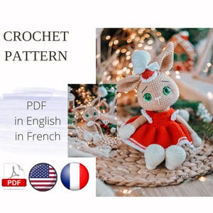 Könnte beinhalten: Häkelanleitung PDF in Englisch und Französisch für einen niedlichen braunen Hasen, der ein rotes Kleid mit weißen Verzierungen und einen weißen Bommelhut trägt. Der Hase sitzt auf einer geflochtenen Matte.