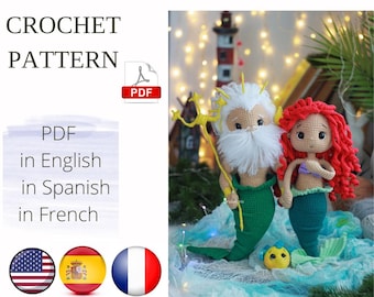 2in1 Sea King & Mermaid Crochet Pattern: Amigurumi Doll (PDF)