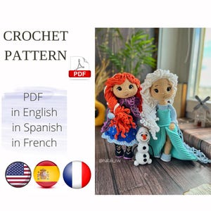May include: Crochet pattern PDF for two dolls, one with red hair and a blue dress, the other with white hair and a blue dress, and a snowman. The pattern is available in English, Spanish, and French. @natali_niv