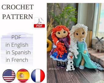 May include: Crochet pattern PDF for two dolls, one with red hair and a blue dress, the other with white hair and a blue dress, and a snowman. The pattern is available in English, Spanish, and French. @natali_niv
