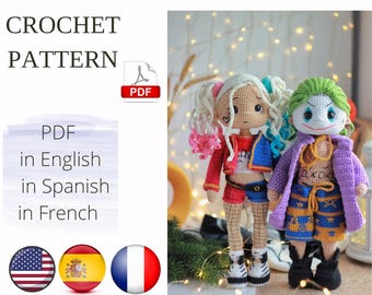May include: Crochet pattern PDF for making amigurumi dolls of Harley Quinn and the Joker. The pattern is available in English, Spanish, and French. The dolls are made with colorful yarn and have detailed features.