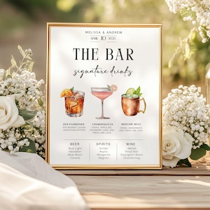Enseigne modifiable de bar avec boisson signature, menu de bar de mariage, carte des boissons du bar, ses boissons pour lui, carte de cocktails, menu de bar imprimable, téléchargement numérique