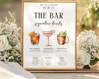 Editable Signature Drink Bar Sign, Wedding Bar Menu, Bar Drinks Menu, His Her Drinks, Cocktail Menu, Printable Bar Menu, Digital Download