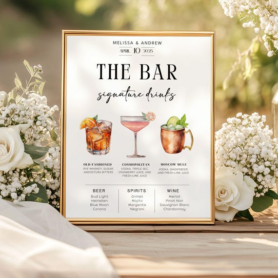 Editable Signature Drink Bar Sign, Wedding Bar Menu, Bar Drinks Menu, His Her Drinks, Cocktail Menu, Printable Bar Menu, Digital Download