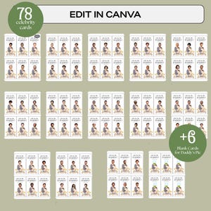 May include: A set of 78 printable cards featuring different celebrity faces with the text "Who's Your Daddy?"  The cards are designed for a game or activity. There are also 6 blank cards included.