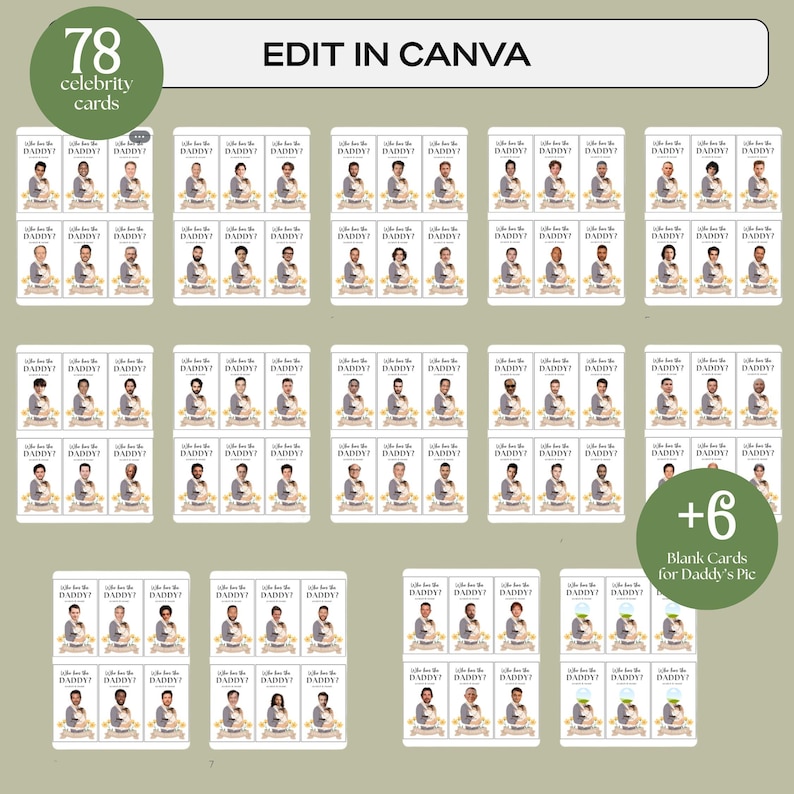 May include: A set of 78 printable cards featuring different celebrity faces with the text "Who's Your Daddy?"  The cards are designed for a game or activity. There are also 6 blank cards included.
