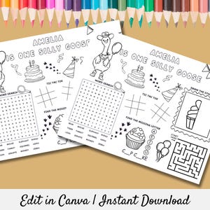 Silly Goose Activity Sheet, Birthday Party Coloring Sheet, One Silly Goose Party Favor, Goose Coloring Kids Page, Custom Name Party Placemat
