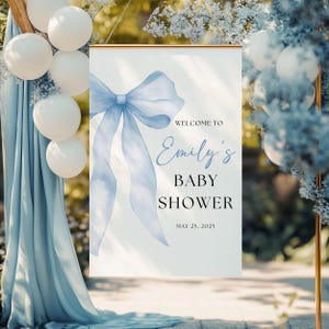 Blue Bow Welcome Sign Template, Editable Welcome Sign, Baby Shower Sign Template, Baby Shower Blue Coquette Decor, Canva, Shower Custom Sign