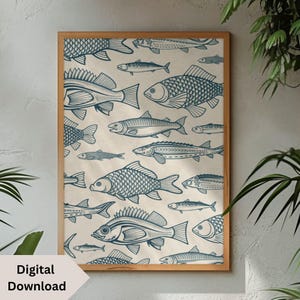 Digitale kunst vis sardines, sardinekunst, decor barwagen, zeevruchten digitaal, trendy visposter, sardines, keukendecor, digitale download