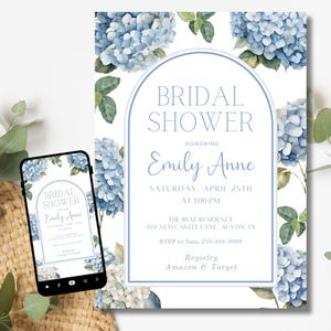 Bridal Shower Hydrangea Floral Invitation Template, Elegant Blue Floral Shower Invitation, Spring Bloom Editable Invite, Mobile Invite