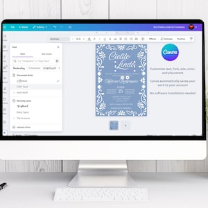 May include: A computer screen displaying a Canva design template for a baby shower invitation. The invitation is blue with white floral designs and the text "Cielito Lindo" and "Melissa Rodriguez".