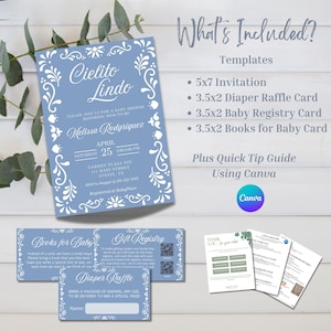 May include: A blue and white printable baby shower invitation suite with a floral design. The invitation includes a 5x7 invitation, 3.5x2 diaper raffle card, 3.5x2 baby registry card, 3.5x2 books for baby card, and a quick tip guide using Canva. The invitation says "Cielito Lindo" and features the name "Melissa Redgriquez".