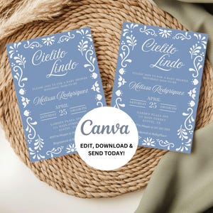 May include: Blue baby shower invitation with white floral border and the text "Cielito Lindo" in a cursive font. The invitation includes the date, time, location, and RSVP information for a baby shower honoring Melissa Rodriguez.