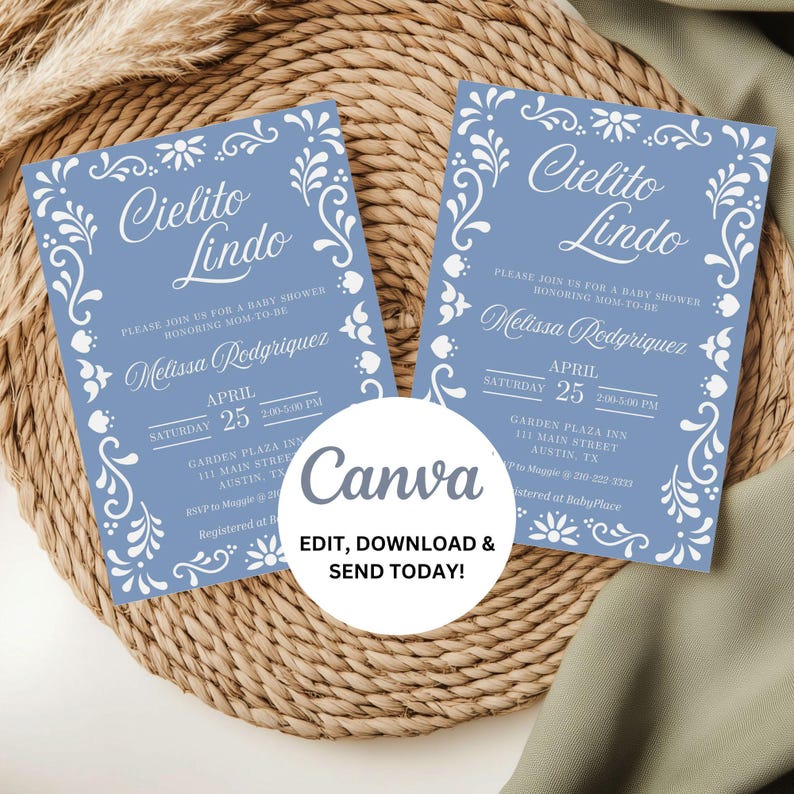May include: Blue baby shower invitation with white floral border and the text "Cielito Lindo" in a cursive font. The invitation includes the date, time, location, and RSVP information for a baby shower honoring Melissa Rodriguez.