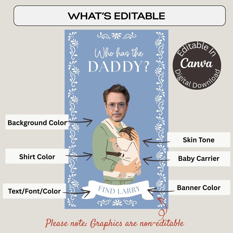 May include: Editable digital printable card with a blue background and a floral border. The card features a man holding a baby in a baby carrier. The text on the card reads "Who has the DADDY?" and "FIND LARRY".