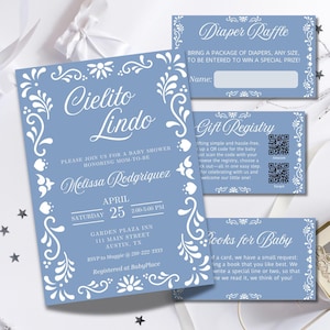 Invito per baby shower Cielito Lindo, invito blu polveroso, invito Talavera, baby shower messicano, Papel Picado, modello Canva modificabile