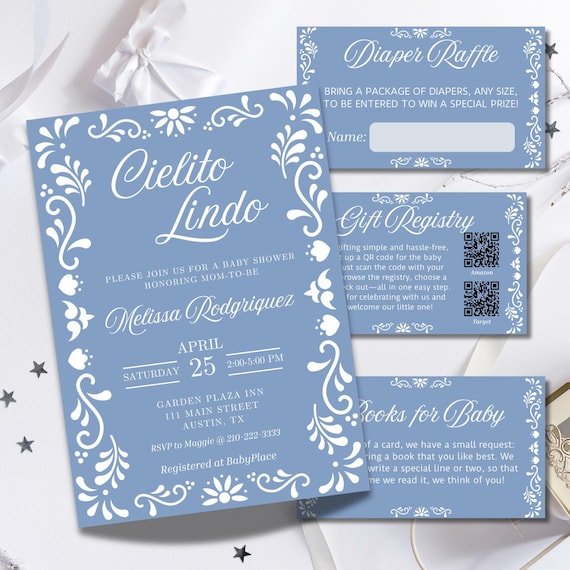 Cielito Lindo Baby Shower Invitation, Dusty Blue Invite, Talavera Invitation, Mexican Baby Shower, Papel Picado, Editable Canva template
