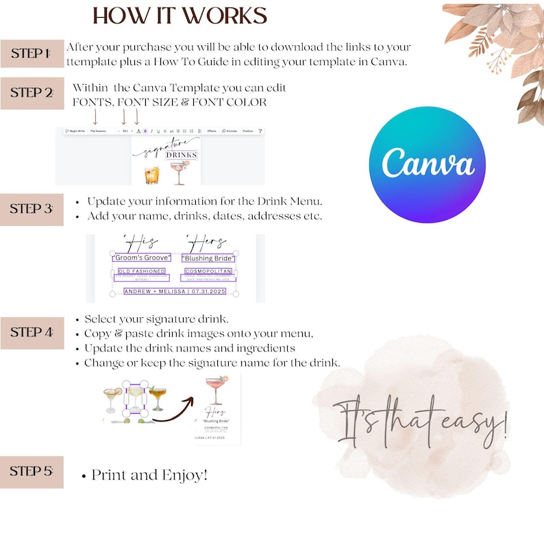 以下が含まれることがあります： Canva を使用して結婚式ドリンクメニューテンプレートを編集する方法を段階的に説明したガイド。このガイドには、情報の更新、シグネチャードリンクの選択、最終製品の印刷方法に関する手順が含まれています。画像には、Canva のロゴと「簡単です！」というテキストも表示されています。