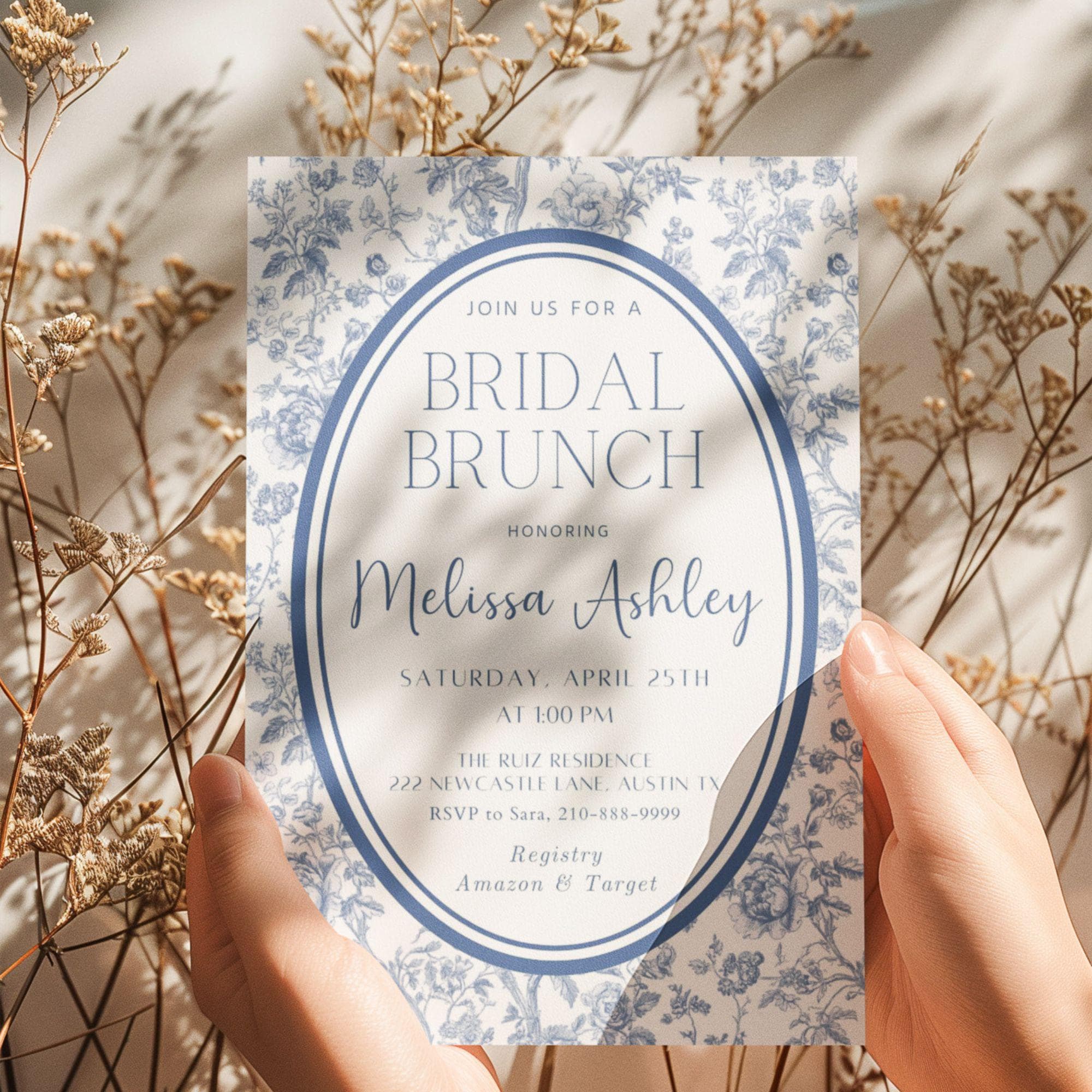 Bridal Brunch Shower Invitation Template, Chinoiserie Elegant Floral Shower Brunch Invitation, French Toile Invite, Mobile Digital Invite