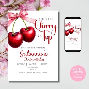 Invitación editable Cherry On Top, descarga digital, plantilla de invitación de cumpleaños de Cherry, plantilla de bricolaje, invitación a fiesta de Cherry, Cherry On Top