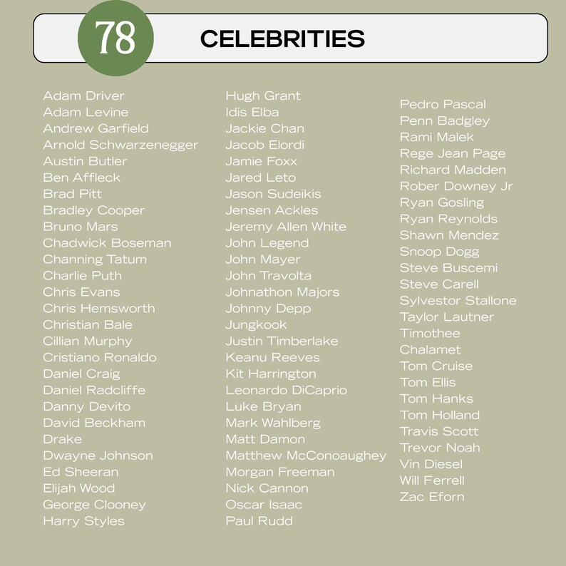 May include: A list of 78 celebrities' names in a white box with a green circle containing the number 78 in the top left corner. The background is a light green color.
