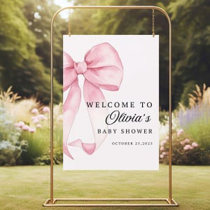Blush Pink Bow Baby Shower Welcome Sign, Pink Coquette Baby Shower Sign, Pink Ribbon Minimalist Sign, Printable Baby Girl Shower Template
