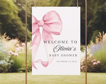 Blush Pink Bow Baby Shower Welcome Sign, Pink Coquette Baby Shower Sign, Pink Ribbon Minimalist Sign, Printable Baby Girl Shower Template