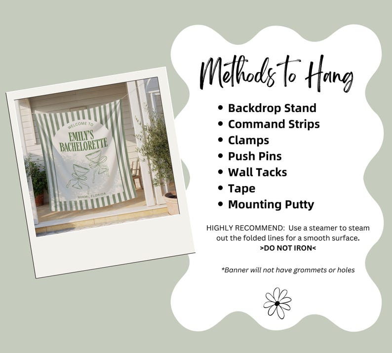 Puede incluir: Una pancarta a rayas blancas y verdes con el texto "WELCOME TO EMILY'S BACHELORETTE SPRING, FLORIDA" e ilustraciones de c&oacute;cteles. La imagen tambi&eacute;n muestra m&eacute;todos para colgar la pancarta, incluyendo un soporte de fondo y tiras adhesivas.