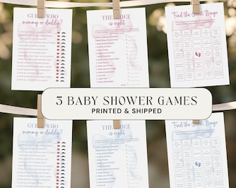 Juegos para baby shower impresos y enviados, paquete de 3 juegos, Encuentra al invitado, paquete de juegos impreso, lazo rosa y azul, precio justo, juegos de Adivina quién