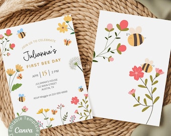 Invitación para el primer cumpleaños de una abeja, invitación para el Día de las Abejas, invitación para el primer cumpleaños de una abeja, invitación editable de un abejorro, plantilla de Canva