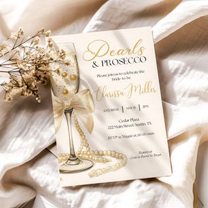 Perlen und Prosecco Brautparty-Einladung, druckbare Perle Hochzeit Party einladen, Perlen & Prosecco Vorlage, Perlen Brautparty einladen