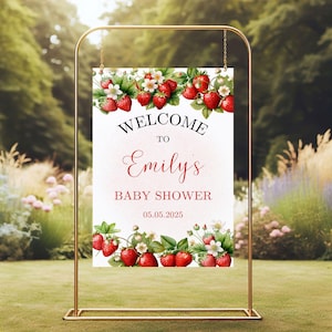 Strawberry Baby Shower Welcome Sign Template, Berry Sweet Baby Shower, Printable Welcome Sign, Canva, Custom Sign, Editable Welcome Sign