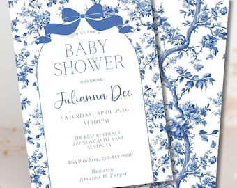 May include: Blue and white floral baby shower invitation with a blue bow and the text "Join us for a Baby Shower Honoring Julianna Dee Saturday, April 25th at 1:00 PM The Ruiz Residence 222 Newcastle Lane Austin TX RSVP to Sara, 210-888-9999 Registry Amazon & Target"