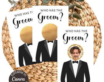 Juego de despedida de soltera editable "Quién tiene al novio", tarjeta raspadita, juego "Busca al novio", imagen imprimible de "Quién tiene al novio" de famosos, descarga de Canva