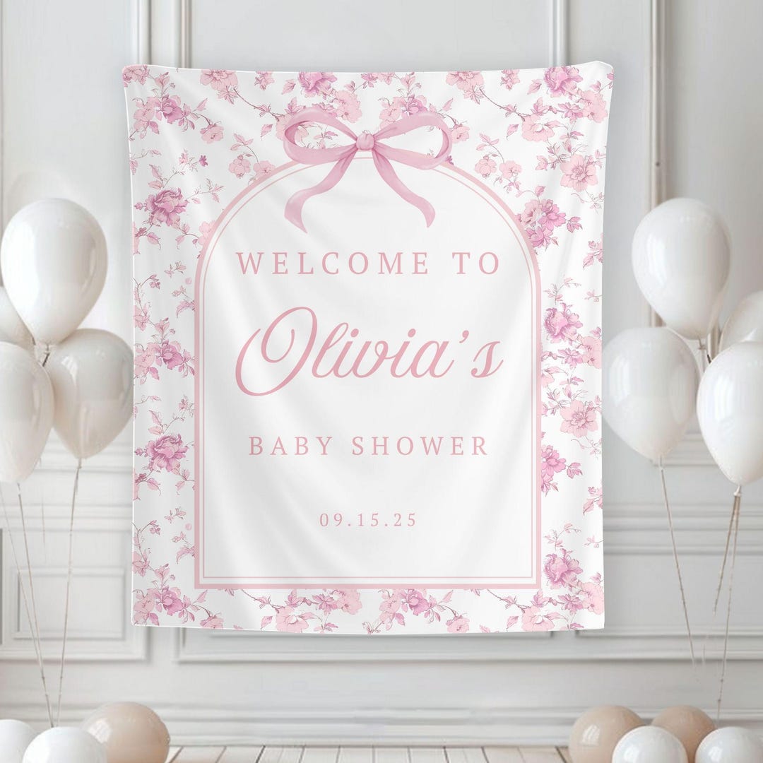 Pink Bow Floral Toile Baby Shower Banner, Chinoiserie Baby Shower, Pink ...