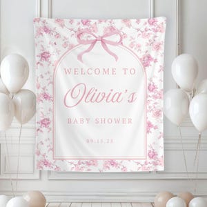Pink Bow Floral Toile Baby Shower Banner, Chinoiserie Baby Shower, Pink Toile de Jouy Floral Sign, Baby Girl Shower Theme, Welcome Sign