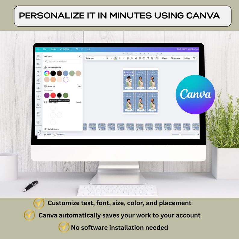 May include: A computer screen displaying a Canva design template with a blue and white color scheme. The template features a photo of a person and the text "Blue Celestial Gender Reveal". The screen shows a variety of design elements, including text boxes, images, and shapes. The text "PERSONALIZE IT IN MINUTES USING CANVA" is displayed at the top of the screen. The text "Customize text, font, size, color, and placement" is displayed below the screen. The text "Canva automatically saves your work to your account" is displayed below the previous text. The text "No software installation needed" is displayed below the previous text.