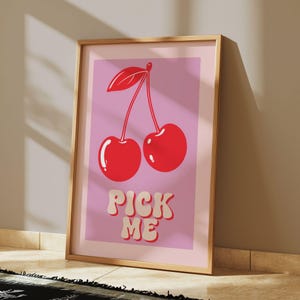 Cherry Poster, Pick Me Print, Retro Wall Art, Dorm Wall Decor, Cherry Wall Art, Girly Trendy Wall Art, Aesthetic Print, Digital Download