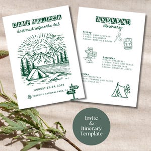 Bearbeitbares Camp Bachelorette Einladung, Camp Bach, Junggesellinnenabschied einladen, Camping Reiseplan Vorlage, Camp Bach einladen, digitaler Download