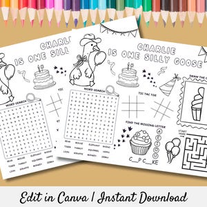 Silly Goose Birthday Party Activity Sheet, One Silly Goose Party Favor, Goose Coloring Kids Party Sheet, Personalized Toddler Party Placemat