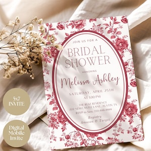 Bridal Shower Chinoiserie Invitation Template, Elegant Floral Shower Brunch Invitation, French Toile Editable Invite, Mobile Digital Invite
