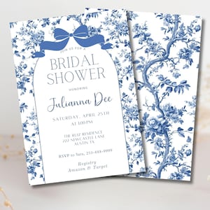Chinoiserie Bridal Shower Invitation Template, Dusty Blue Bridal Invite, Something Blue, Bridal Shower Invitation, French Toile, Canva