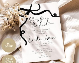 Editable She&#39;s Tying the Knot Bridal Shower Invitation Template, Minimalist Black Bow Bridal Shower Invite, Black Bow Ribbon Wedding Shower