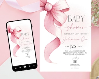 May include: A pink and white baby shower invitation with a watercolor illustration of a pink bow. The invitation text reads "Baby Shower" and "Please join us in honor of Julianna Dee" with the date and time of the event. The invitation also includes a QR code for the registry.