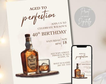 Aged to Perfection Whiskey Birthday Invitation Template, Editable Whiskey Birthday Invite, Men's Birthday Invitation, Bourbon Birthday Theme