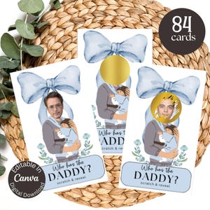 Blauwe strik Who Has The Daddy Baby Shower spelsjabloon, Scratch Off Game, Baby Shower Game, afdrukbare Scratch Off, Who Has Baby Daddy Game